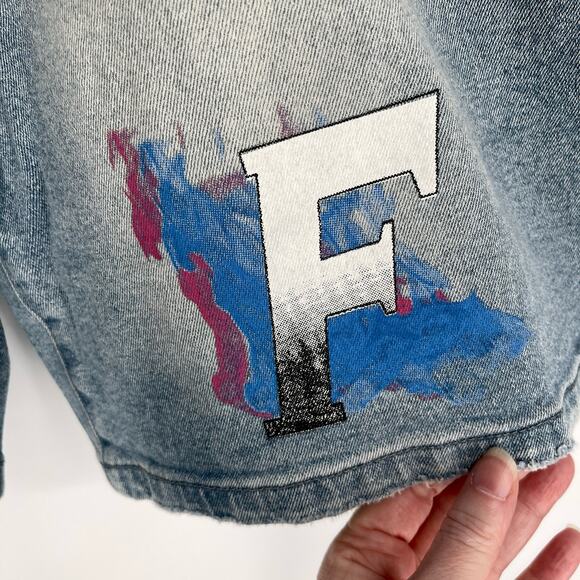 Homme + Femme Mens Hand Painted Logo Distressed Jean Shorts Sz 38 Denim Blue - Picture 4 of 10